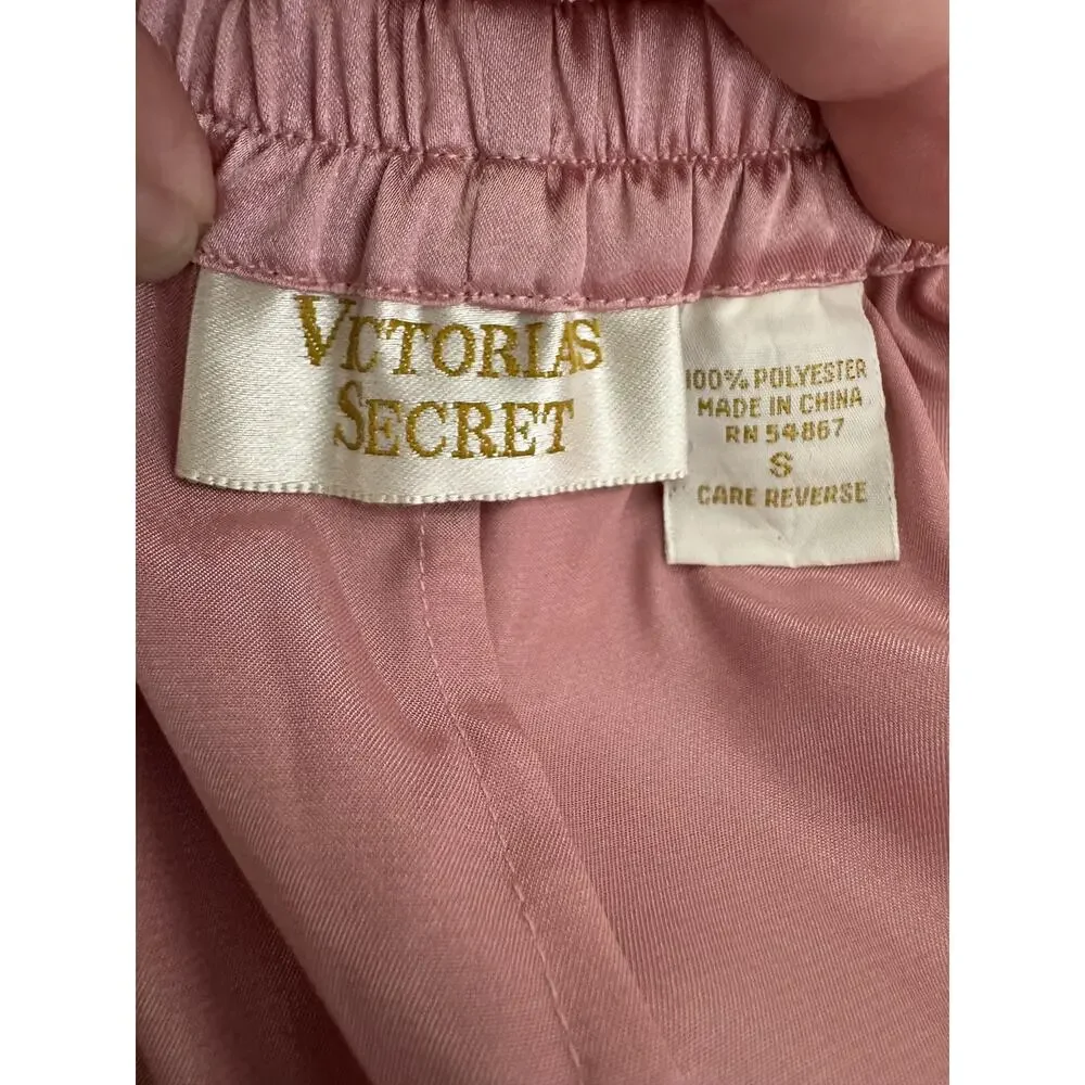 Vtg Victoria's Secret Pajama Set Womens Small Pink Floral Satin Top Pants Lounge